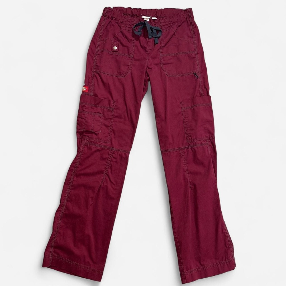 Dickies Womens Burgandy Tall Cargo Scrub Pants with Adjustable Waist